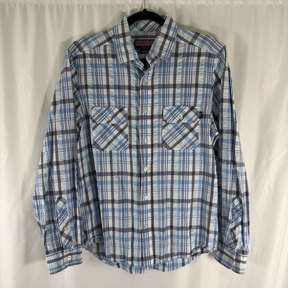 Vineyard Vines Island Shirt Men's Medium Blue Plaid Long Sleeve Button Up Collar
